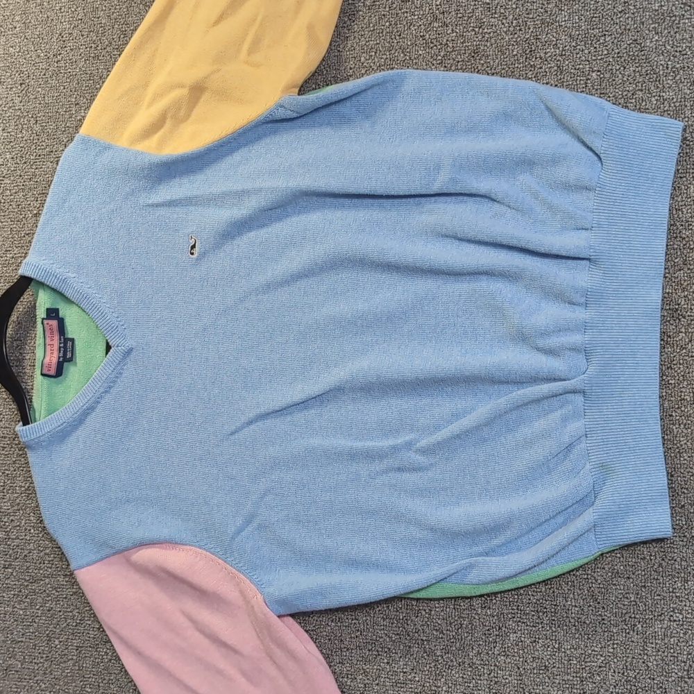 Vineyard Vines Pastel Colorblock V-Neck Sweater Size Large in Blue Pink Green - Picture 3 of 9